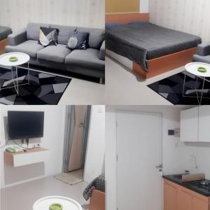 four images of a living room with a couch and a tv at Urbantown Serpong in Dukuh