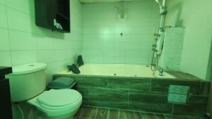 y baño con aseo y bañera. en Bio Casa Colibrí, en Bogotá