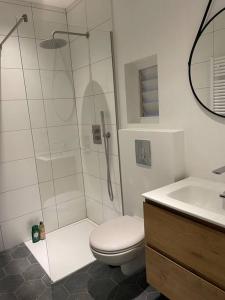 ein Bad mit einer Dusche, einem WC und einem Waschbecken in der Unterkunft Cottage Guest House in Wassenaar in Wassenaar