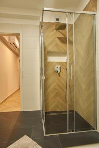 um chuveiro com uma porta de vidro num quarto em Sunlight Blue Szeged - Exclusive em Szeged