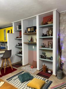 una sala de estar con una pared con estanterías en Alonaki House, en Amfikleia