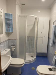 uma casa de banho com um chuveiro, um WC e um lavatório. em SUEÑOS DEL MAR em Motril