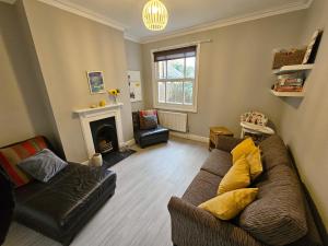 Knighton Villa في ليستر: غرفة معيشة مع أريكة ومدفأة