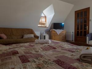 ein Schlafzimmer mit einem großen Bett und einem Sofa in der Unterkunft Edvy Malom Apartmanok Pápa in Pápa