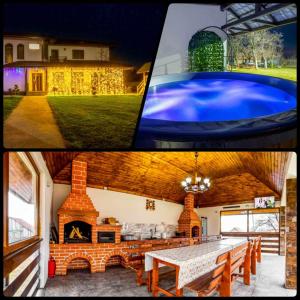 a house with a pool and a table and a fireplace at Agropensiunea DarDen in Baia de Fier