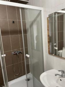 a bathroom with a shower and a sink at Апартаменты Promenade Burabay in Borovoye
