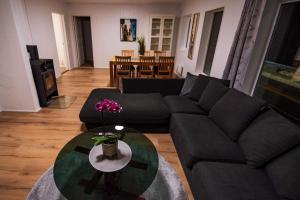 - un salon avec un canapé et une table dans l'établissement Sea view Holmestrand sauna and hot tube appartment, à Holmestrand