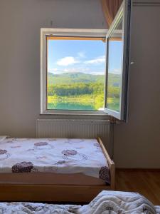 - une chambre avec un lit et une grande fenêtre dans l'établissement Apartmani Šćit, 