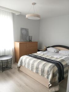 1 dormitorio con 1 cama grande y vestidor en Plungės gatvės 18 apartamentai en Telšiai