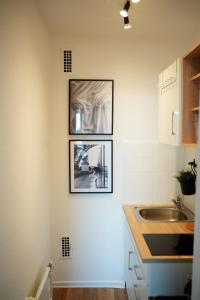 a kitchen with two pictures on the wall and a sink at Elegantes & Modernes Messe Apartment, Hannover, Laatzen in Hannover