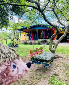 a stuffed toy of a toy bear next to a swing at Chácara Lagoa do Palmital in Osório