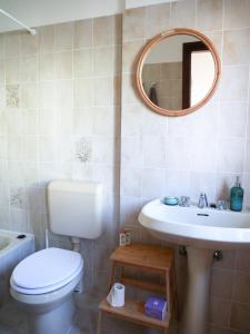 uma casa de banho com um WC, um lavatório e um espelho. em Casa Relax Con Giardino Tra Carso e Adriatico em Monfalcone
