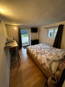 1 dormitorio con cama, escritorio y ventana en Maison chaleureuse avec jardin, en Bourges