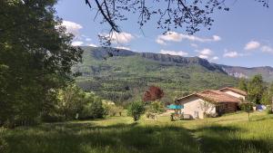 a house in a field with a mountain in the background at La Prairie in Noyers-sur-Jabron