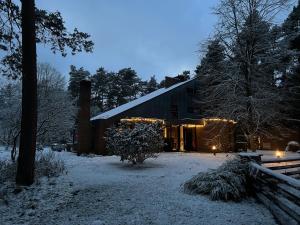 een huis bedekt met kerstverlichting in de sneeuw bij Little Paradise in Stelle
