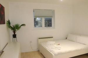 a white couch in a white room with a window at Snug 2BR Apt. Free Parking, 4KTV in London
