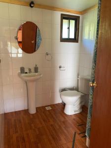 La salle de bains est pourvue de toilettes et d'un lavabo. dans l'établissement Cabaña Llonquén, à Liquiñe