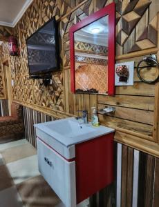 a bathroom with a sink and a mirror and a tv at Behtereen resort in Srinagar