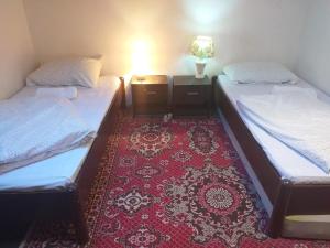 two beds in a room with a red carpet at Apartman Ramić in Bihać