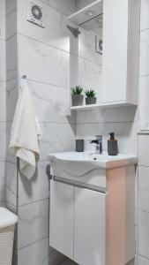 庫馬諾沃的住宿－Apartman Rubikon，白色的浴室设有水槽和镜子