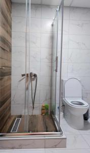 a bathroom with a shower with a toilet at Apartman Rubikon in Kumanovo