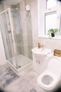 a bathroom with a shower and a toilet and a sink at 6 bedroom property in Sidcup