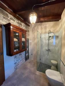 La salle de bains est pourvue d'une douche, de toilettes et d'un lustre. dans l'établissement Villetta Vittoria -Country House-Il fienile, à Pennabilli