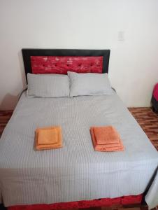 ein Bett mit zwei Handtüchern darüber in der Unterkunft Cabañas lunita 2 in San Rafael