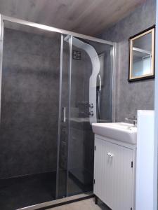 uma casa de banho com um chuveiro e um lavatório. em Toezens em Ingelmunster