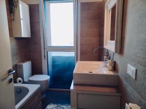 a bathroom with a sink and a toilet and a window at Sui Generis penthouse with terraces in Milan +33 photos