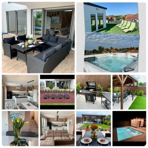 a collage of pictures of furniture and a pool at Finfera Villa in Balatonboglár