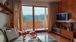 a living room with a television and a large window at Apartmán PONIKLEC v hoteli Residence **** in Donovaly