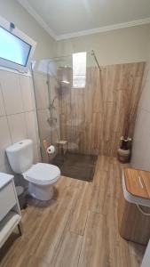 a bathroom with a toilet and a shower at Villa Alta Vista in São Jorge