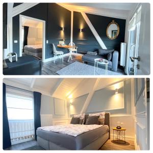 2 fotos de una sala de estar y un dormitorio en Rosenhof-Lodge, en Hanerau-Hademarschen