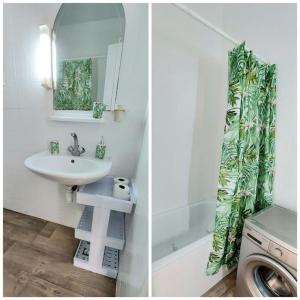 拉巴特的住宿－~Charmant Studio~ Agdal Mall，浴室的两张照片,配有水槽和洗衣机