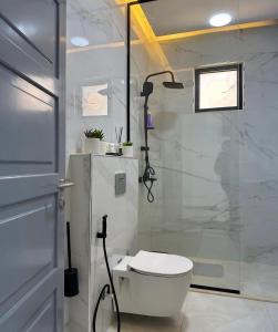 a bathroom with a toilet and a shower at AL-TARAF FARM in Umm el ‘Amad