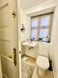 a bathroom with a white toilet and a sink at Cosy Old-Town Appartment in Copenhagen in Copenhagen