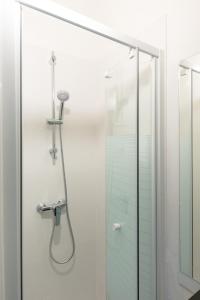 eine Duschkabine mit Duschkopf und eine Glastür in der Unterkunft Guest loc-Le Saphir-3min château in Versailles