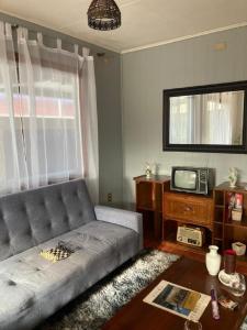 a living room with a couch and a tv at Cygnus Hostel in Valdivia