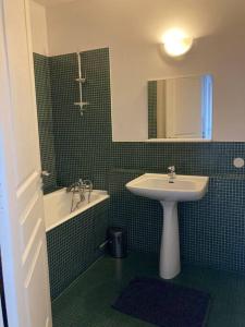 a green tiled bathroom with a sink and a bath tub at Appart. 100m², 4 pièces, 2 salle de bains, calme. in Paris