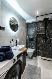 a washing machine in a bathroom with a sink and a shower at Downtown Elegance in Budapest