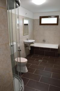 a bathroom with a toilet and a sink and a bath tub at Haus Im Zentrum L mit 2 Schlafzimmer und garten in Szombathely