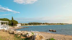 a beach with a pier and a body of water at Apartments Noel in Zambratija