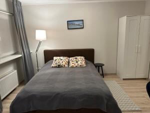 1 dormitorio con 1 cama con 2 almohadas en Vienības Studio en Jūrmala