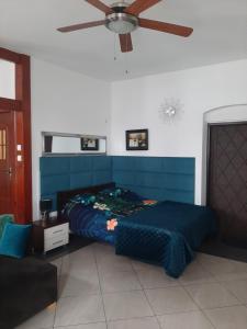 ムロンゴヴォにあるMrągowo Apartamentのベッドルーム1室(青いベッド1台、天井ファン付)