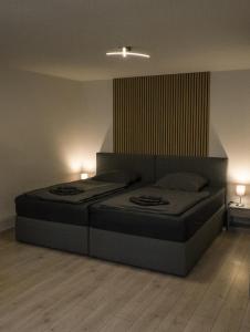 ein Schlafzimmer mit einem Bett mit zwei Leuchten in der Unterkunft FeWo Hübner in Andernach
