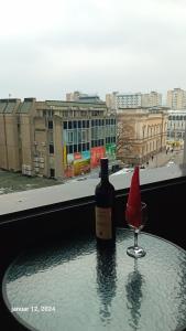 a bottle of wine and a wine glass on a table at Sunshine II Apartment in Kragujevac