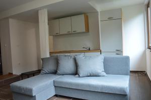 ソンバトヘイにあるHaus Im Zentrum M - 3 Schlafzimmer Wohnungのリビングルーム(青いソファ、キッチン付)