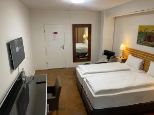 um quarto de hotel com uma cama e uma televisão em Hotel Swiss Bellevue Aathal em Seegräben