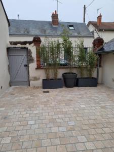 ein Haus mit drei Topfpflanzen vor einer Garage in der Unterkunft Au Petit Ronceraie in Blois